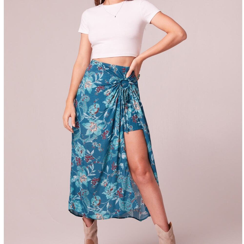 Band of the Free Celene Teal Floral Layered Midi Boho Casual Skirt Medium